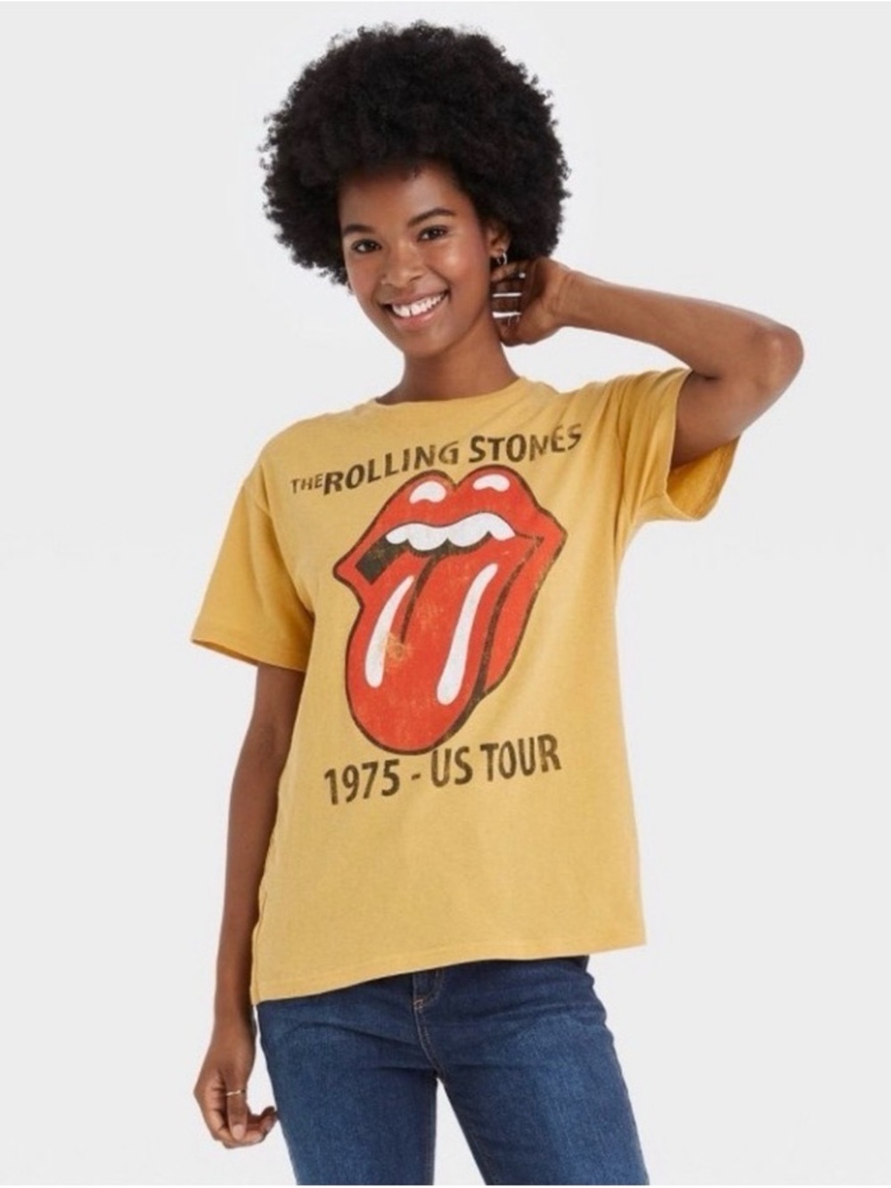 the Rolling Stones 1975 US Tour Tee L Yellow Cotton Concert Band Casual Iconic